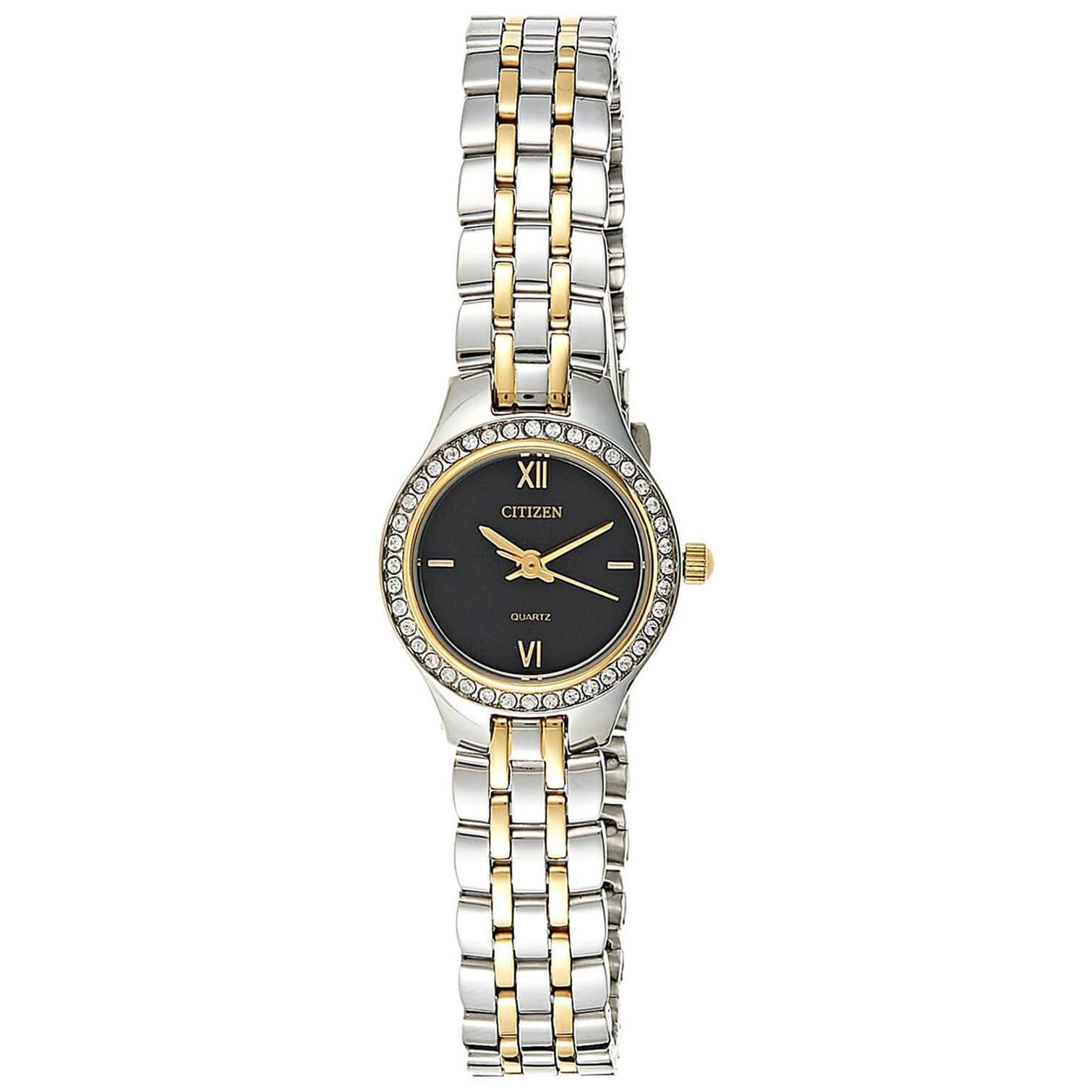 Citizen EJ6144-56E Women's Two Tone Stainless Steel Watch with Black Dial and Crystal Accents, showcasing elegant design and durable materials.